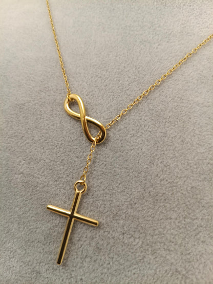 Collar Lariat Infinito y Cruz en Oro de 18K (PVD) - Acero Pulido Espejo - 18" 45cm para mujeres