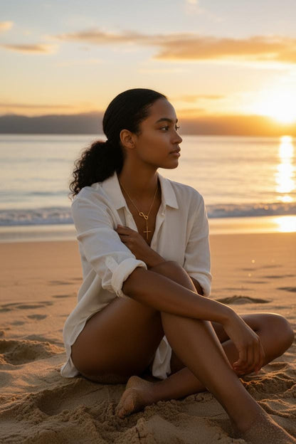 Collar Lariat Infinito y Cruz en Oro de 18K (PVD) - Acero Pulido Espejo - 18" 45cm para mujeres