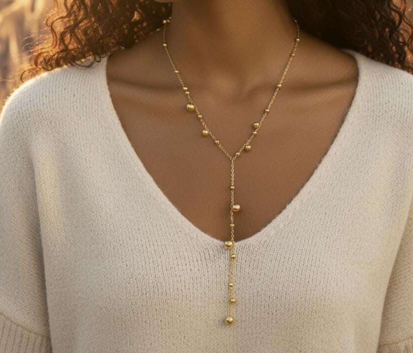 Collar largo de cuentas bolitas Forma Y versatil de acero inoxidable baño de oro de 18K para mujeres