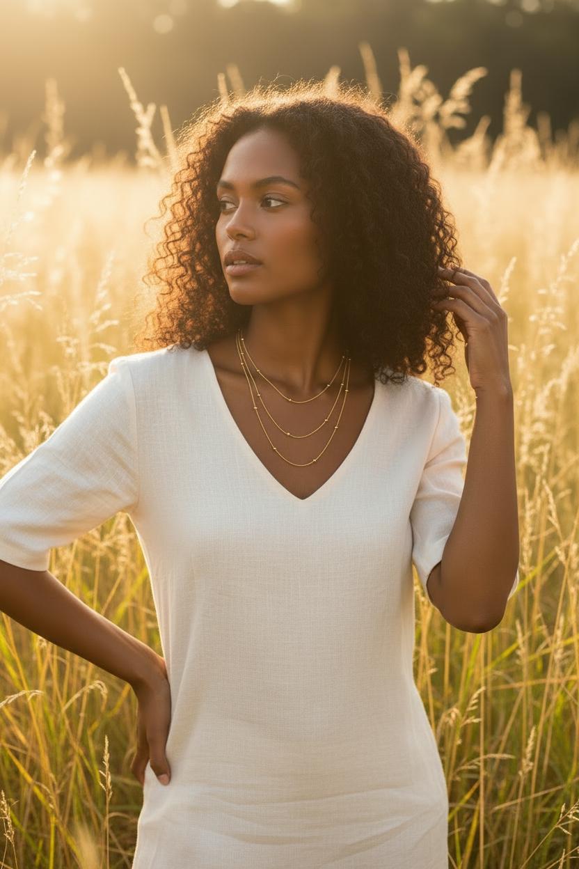 Collar Triple Capa Cadena Cordón y Cuentas - Acero Inoxidable Chapado en Oro 18K PVD