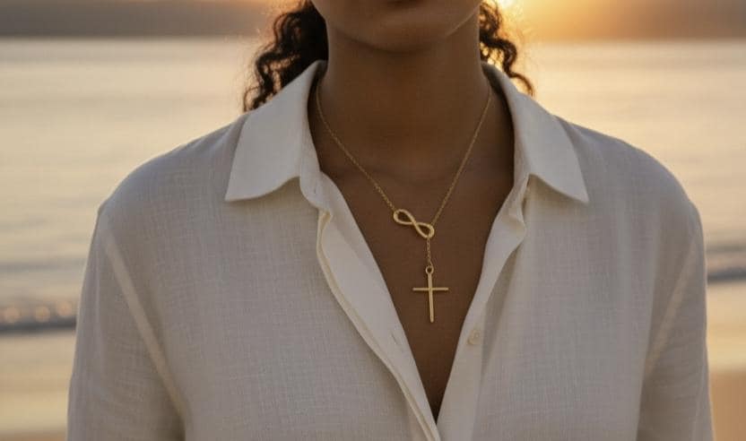 Collar Lariat Infinito y Cruz en Oro de 18K (PVD) - Acero Pulido Espejo - 18" 45cm para mujeres