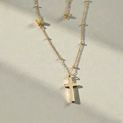 Collar de Acero Inoxidable con Baño de Oro 18K de 45cm - Colgante de Cruz Efecto Espejo y Dije de Letra Personalizable