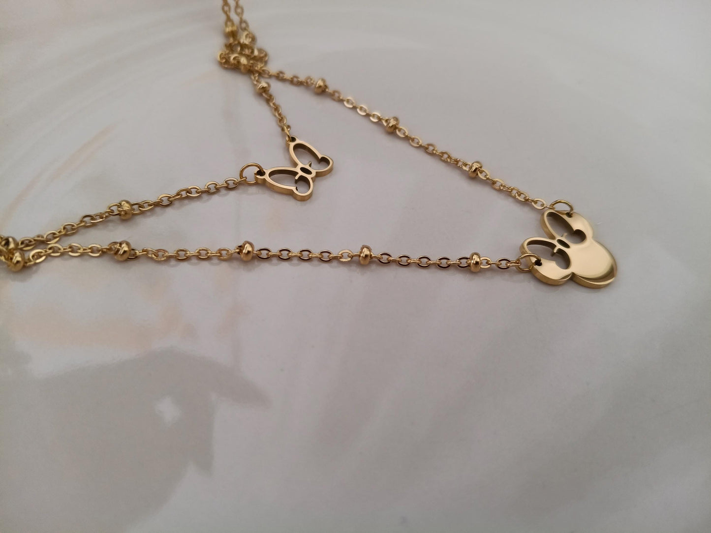 Collar de Doble Capa con Colgante de Ratón Efecto Espejo en Oro 18K (PVD) - 50cm mas extension para mujeres