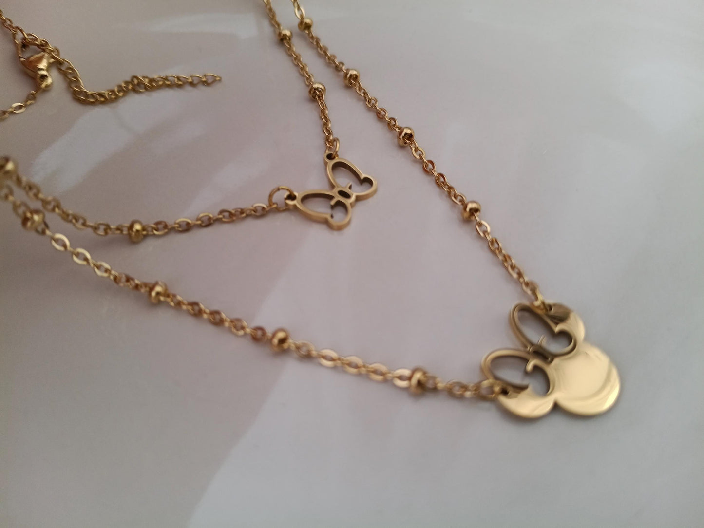 Collar de Doble Capa con Colgante de Ratón Efecto Espejo en Oro 18K (PVD) - 50cm mas extension para mujeres