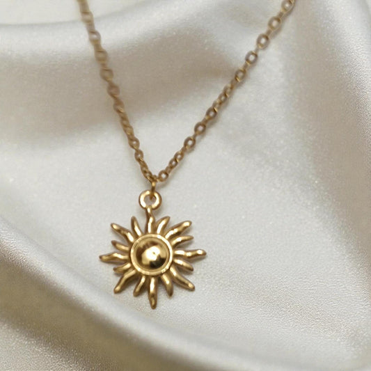 Collar de Acero Inoxidable Oro 18K - colgante de Sol Efecto Espejo - 45cm +5cm Extensión (17.7" + 2").