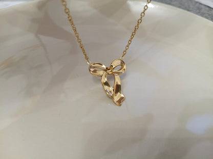 Collar de Acero Inoxidable Oro 18K - colgante de Lazo Efecto Espejo - 45cm + Extensión 5CM (17.7"+2") para mujeres