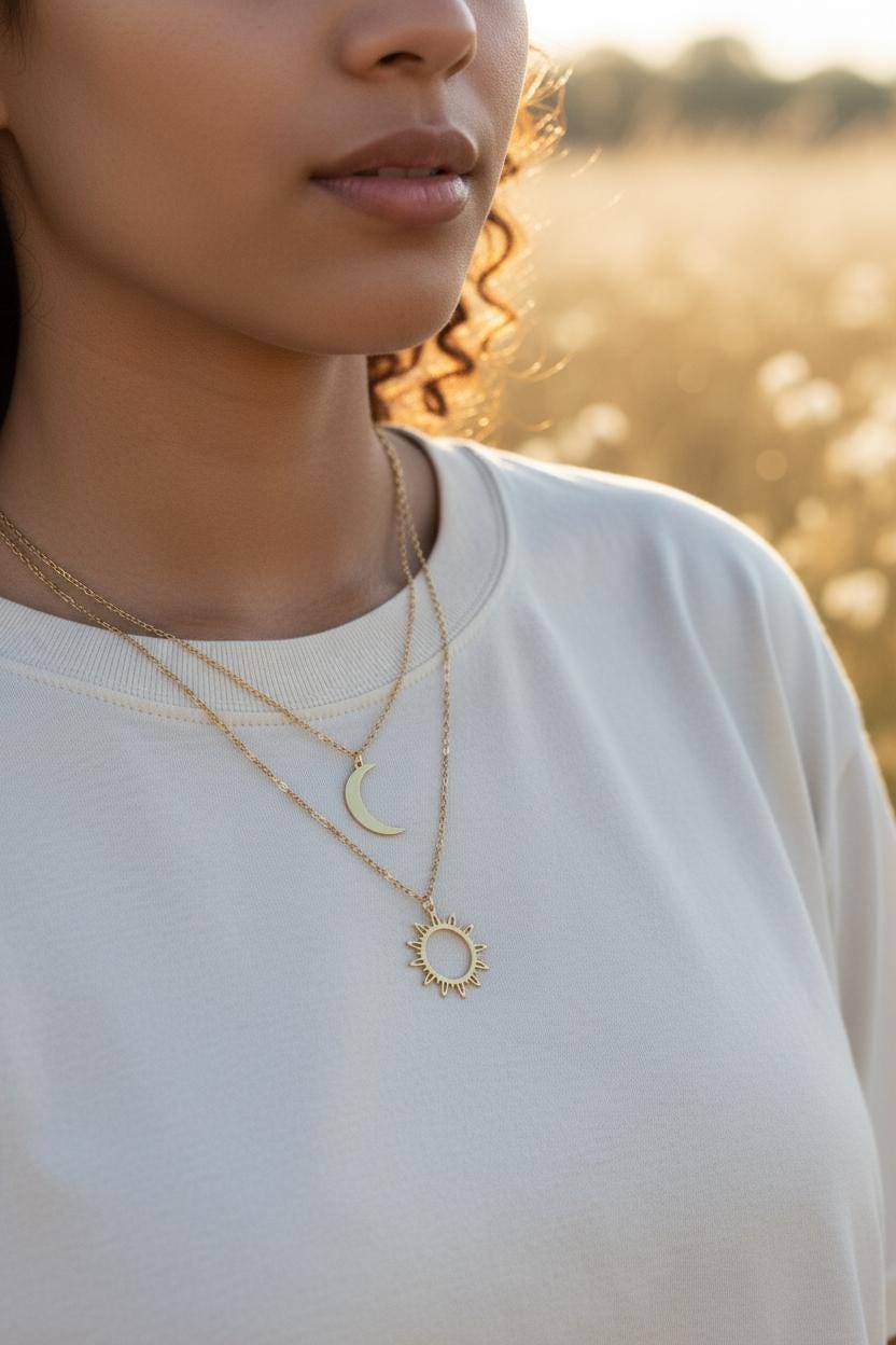 Collar Doble Capa Acero Inoxidable Oro 18K - colgantes Sol y Luna Efecto Espejo - 50cm + Ext (20"+2")