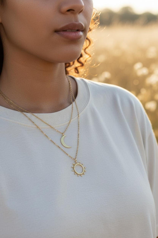 Collar Doble Capa Acero Inoxidable Oro 18K - colgantes Sol y Luna Efecto Espejo - 50cm + Ext (20"+2")