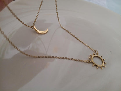 Collar Doble Capa Acero Inoxidable Oro 18K - colgantes Sol y Luna Efecto Espejo - 50cm + Ext (20"+2")