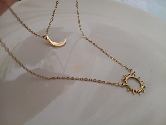 Collar Doble Capa Acero Inoxidable Oro 18K - colgantes Sol y Luna Efecto Espejo - 50cm + Ext (20"+2")