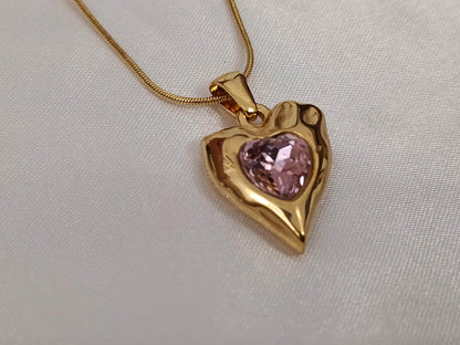 Collar de cuentas Colgantes corazones y circonitas rosas verdes en Oro 18K (PVD) - 16" + 2" /40cm +5cm extensión Ajustable para mujeres