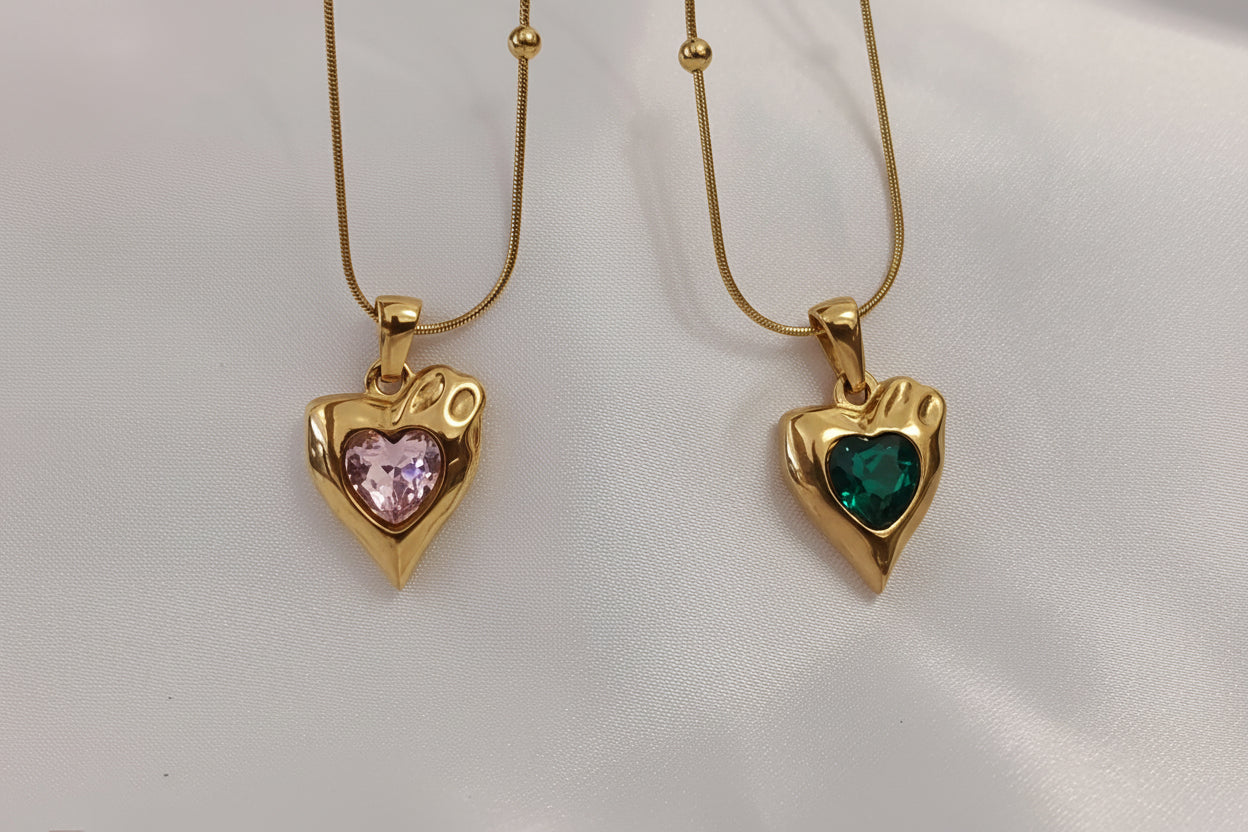 Collar de cuentas Colgantes corazones y circonitas rosas verdes en Oro 18K (PVD) - 16" + 2" /40cm +5cm extensión Ajustable para mujeres