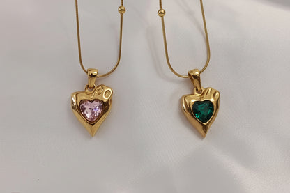 Collar de cuentas Colgantes corazones y circonitas rosas verdes en Oro 18K (PVD) - 16" + 2" /40cm +5cm extensión Ajustable para mujeres