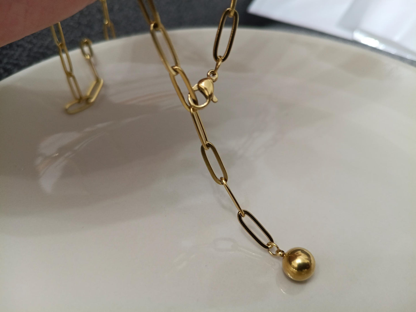 Collar largo Tipo Lariat (Y), cadena de paperclip de Acero Inoxidable Oro bañado 18K - 60cm 23.6" Ajustable - colgante para mujeres