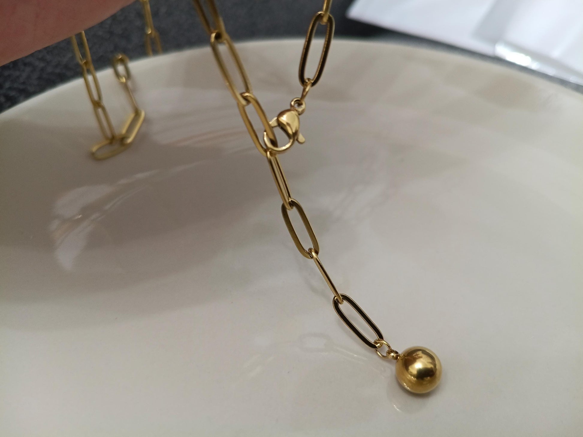 Collar largo Tipo Lariat (Y), cadena de paperclip de Acero Inoxidable Oro bañado 18K - 60cm 23.6" Ajustable - colgante para mujeres