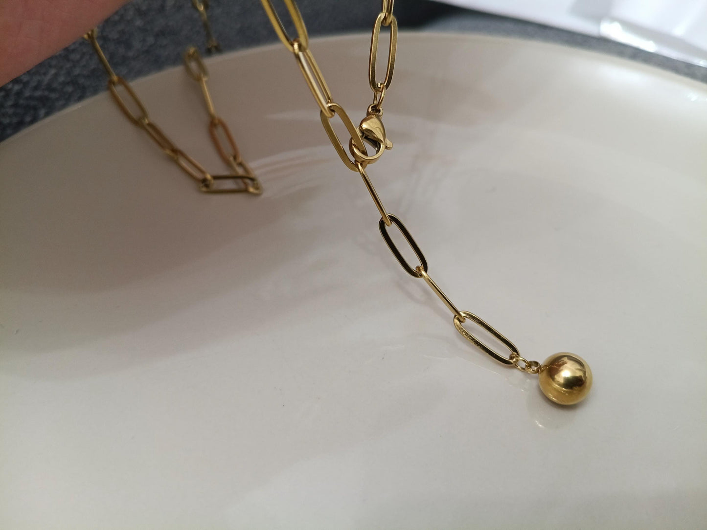 Collar largo Tipo Lariat (Y), cadena de paperclip de Acero Inoxidable Oro bañado 18K - 60cm 23.6" Ajustable - colgante para mujeres