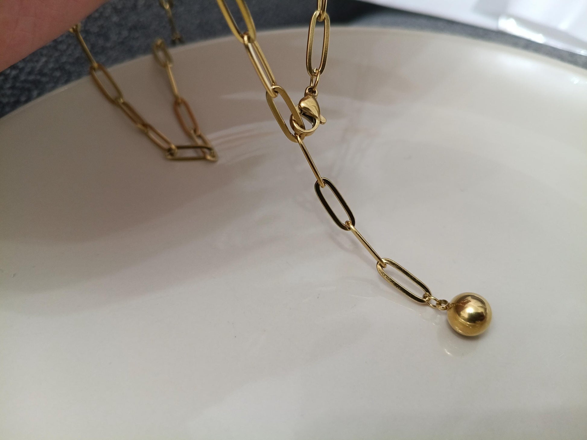 Collar largo Tipo Lariat (Y), cadena de paperclip de Acero Inoxidable Oro bañado 18K - 60cm 23.6" Ajustable - colgante para mujeres