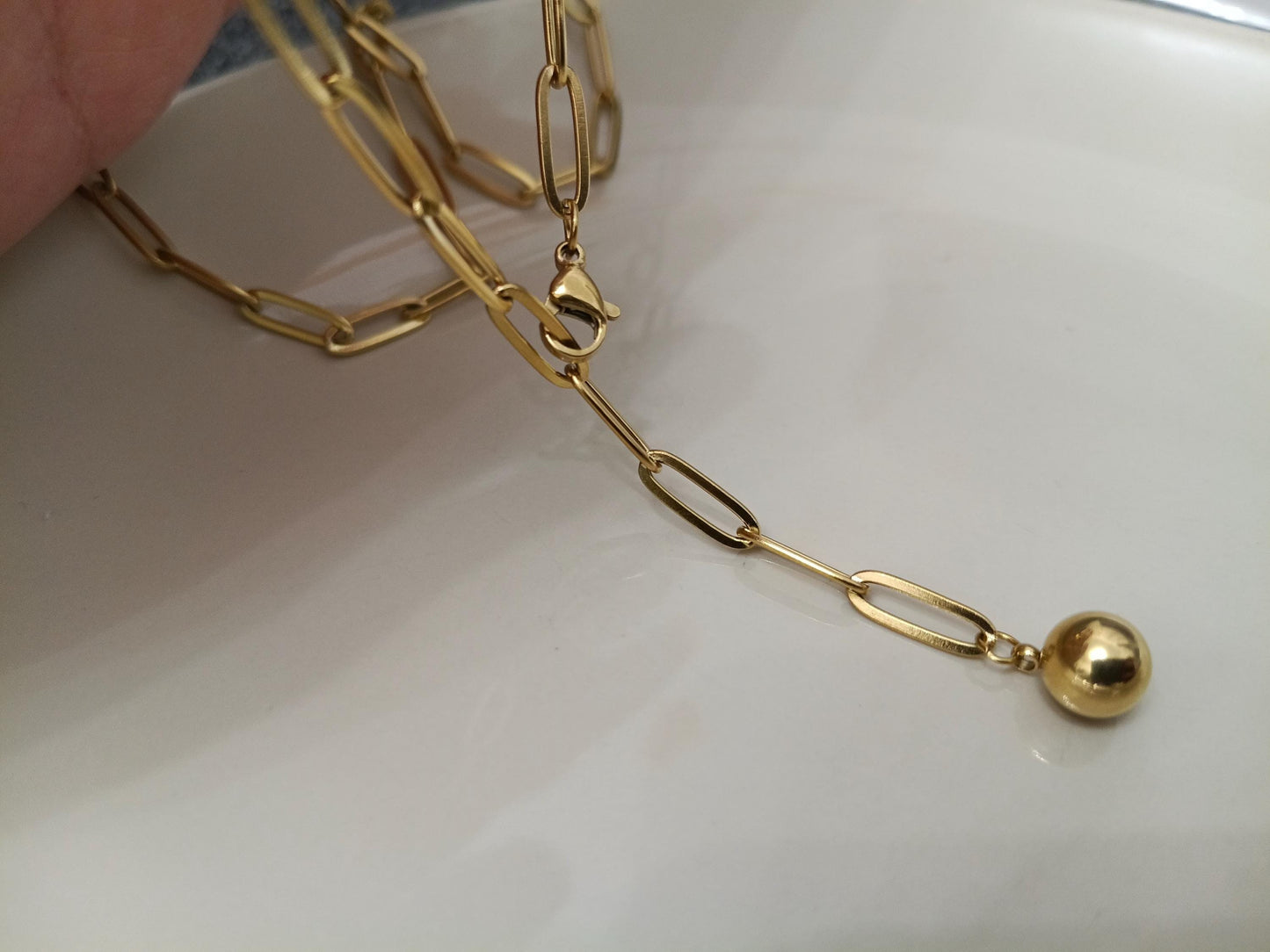 Collar largo Tipo Lariat (Y), cadena de paperclip de Acero Inoxidable Oro bañado 18K - 60cm 23.6" Ajustable - colgante para mujeres