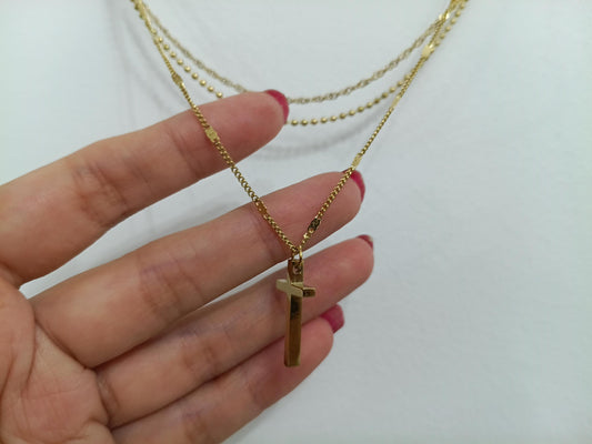 Collar Triple Capa Oro 18K Acero Inoxidable - Cadenas 40/45/50cm + Extension - Cruz Espejo regalo para ella