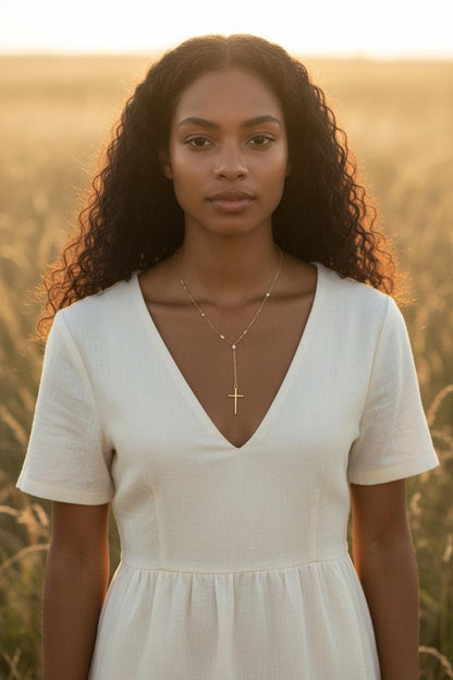 Collar Lariat Y de Labios Oro 18K Acero Inoxidable - colgante Cruz Espejo y Zircón Brillante - Regalo Elegante para ella