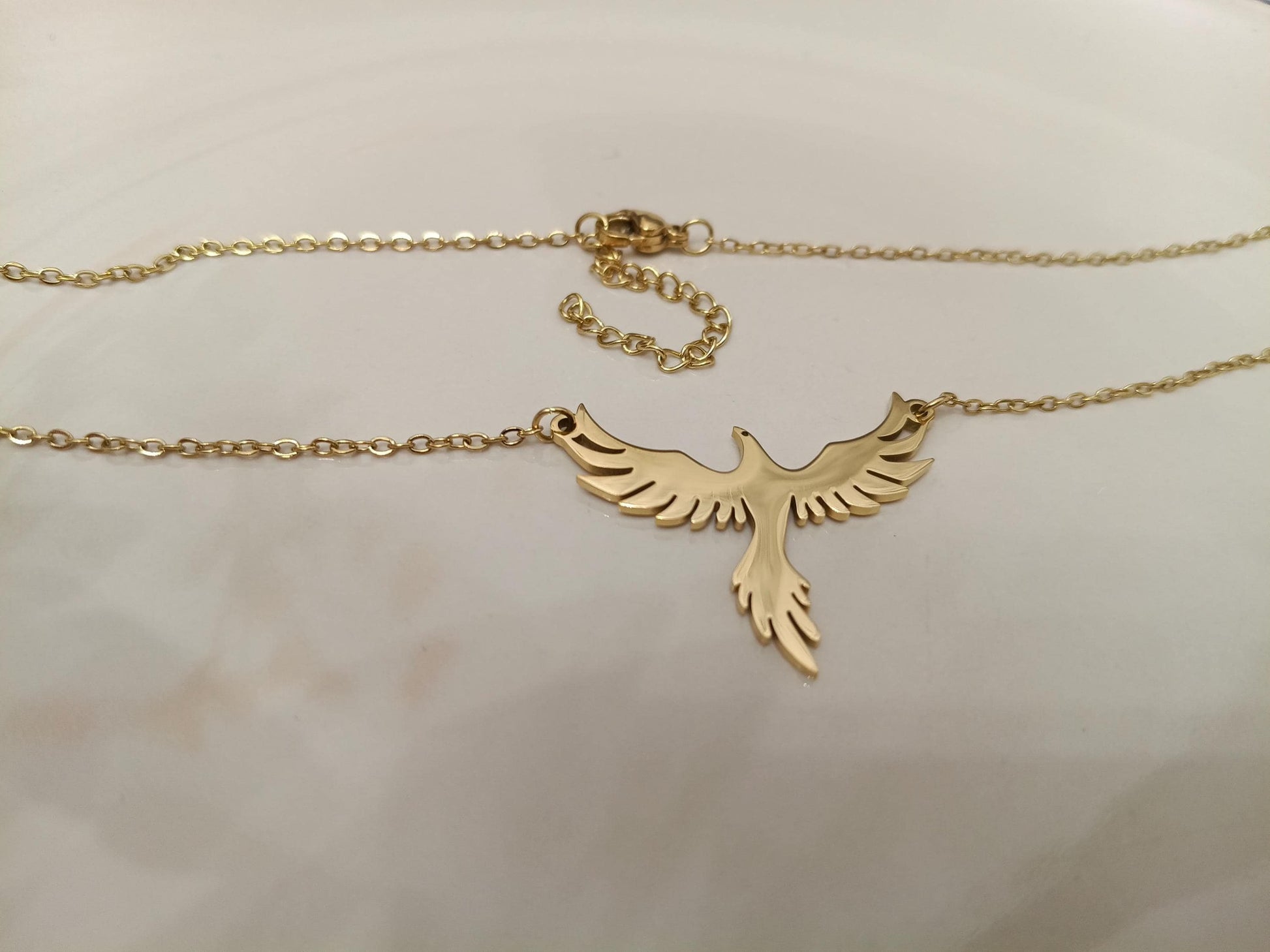 Collar de Acero Inoxidable Oro 18K - colgante Fénix Efecto Espejo - 45cm 17.7 pulgadas para ella
