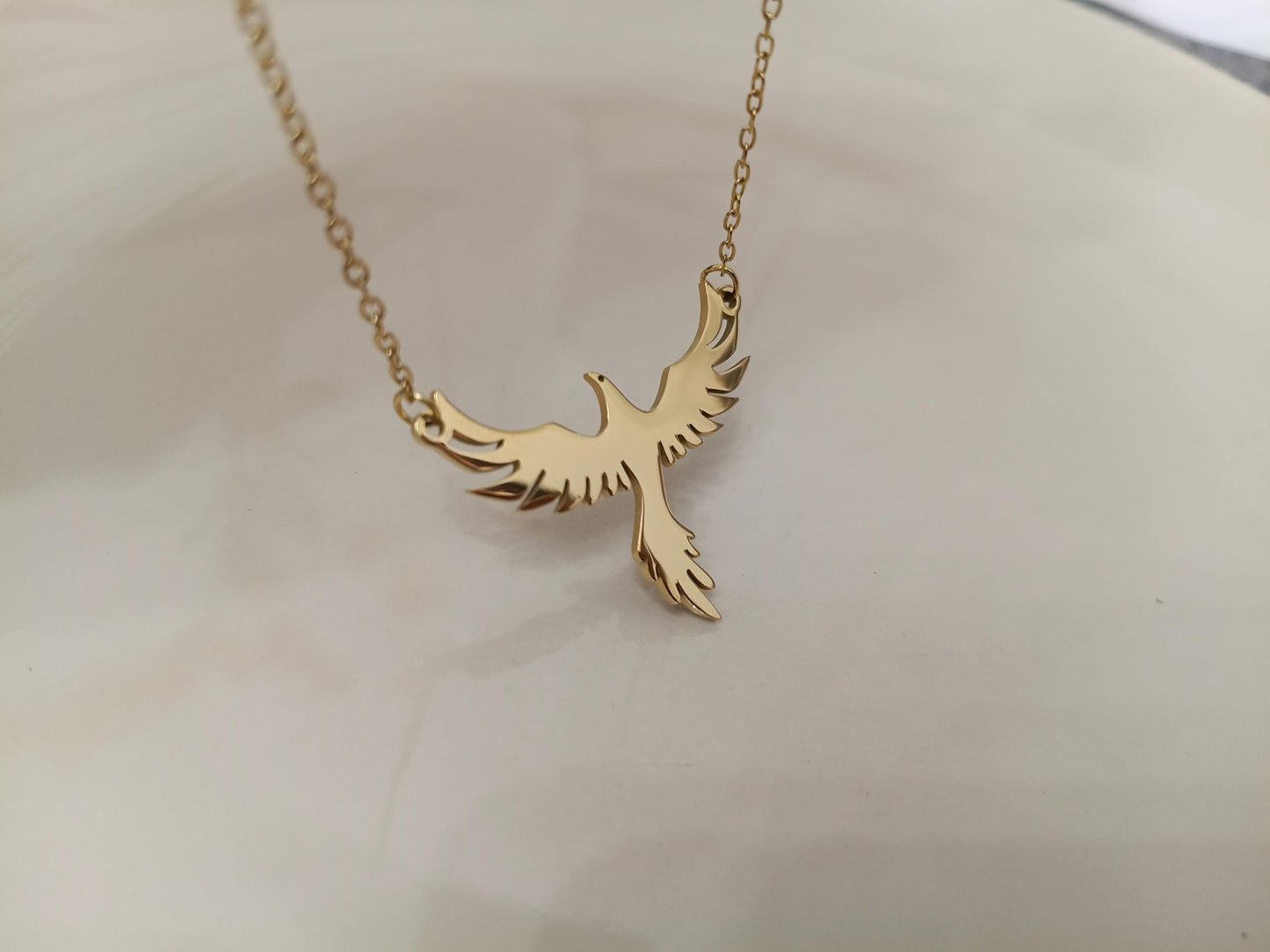 Collar de Acero Inoxidable Oro 18K - colgante Fénix Efecto Espejo - 45cm 17.7 pulgadas para ella