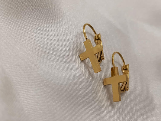 Pendientes de aro con cruz pulido de acero inoxidable con baño de oro de 18K y acabado espejo regalo para ella