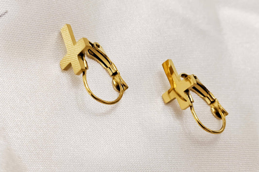 Pendientes de aro con cruz pulido de acero inoxidable con baño de oro de 18K y acabado espejo regalo para ella