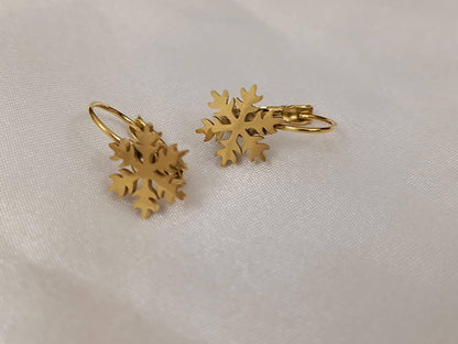 Pendientes de aro Copo de nieve de acero inoxidable con baño de oro de 18K y acabado espejo regalo para ella