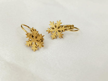 Pendientes de aro Copo de nieve de acero inoxidable con baño de oro de 18K y acabado espejo regalo para ella