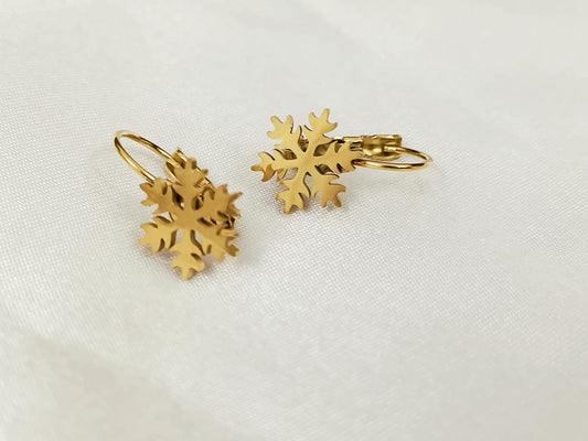 Pendientes de aro Copo de nieve de acero inoxidable con baño de oro de 18K y acabado espejo regalo para ella