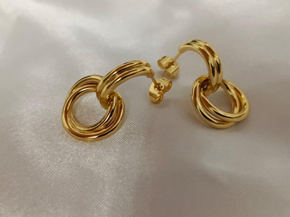 Pendientes de medio aro con colgante de doble círculo, acero inoxidable con baño de oro 18K estilo italiano regalo para ella