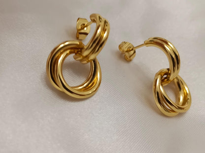 Pendientes de medio aro con colgante de doble círculo, acero inoxidable con baño de oro 18K estilo italiano regalo para ella