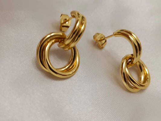Pendientes de medio aro con colgante de doble círculo, acero inoxidable con baño de oro 18K estilo italiano regalo para ella