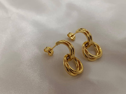 Pendientes de medio aro con colgante de doble círculo, acero inoxidable con baño de oro 18K estilo italiano regalo para ella