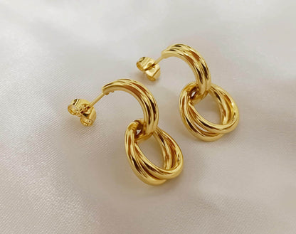 Pendientes de medio aro con colgante de doble círculo, acero inoxidable con baño de oro 18K estilo italiano regalo para ella