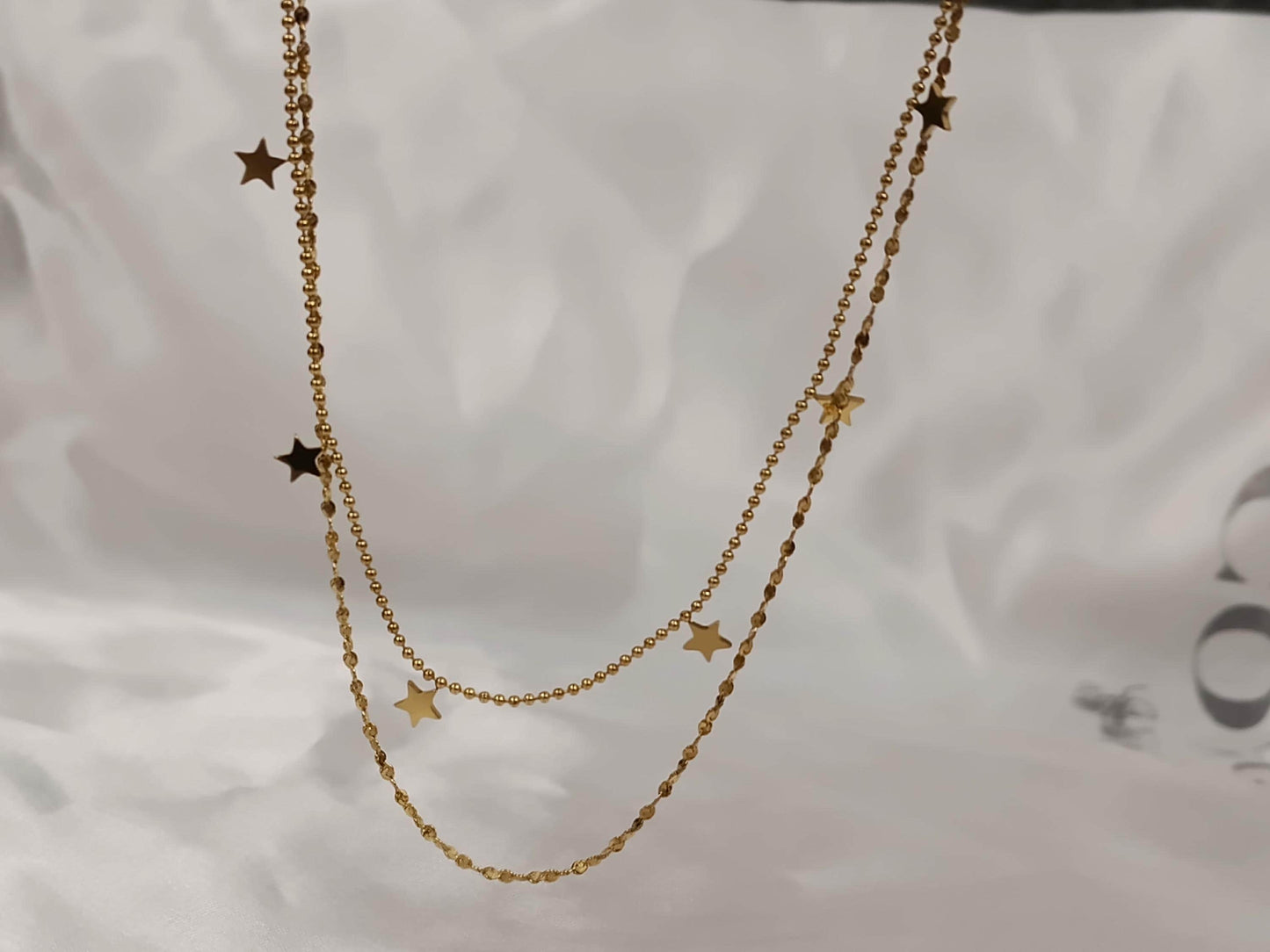 Collar doble cadena con Colgante extrellas en Oro 18K (PVD) - 16" + 2" Ajustable para mujeres