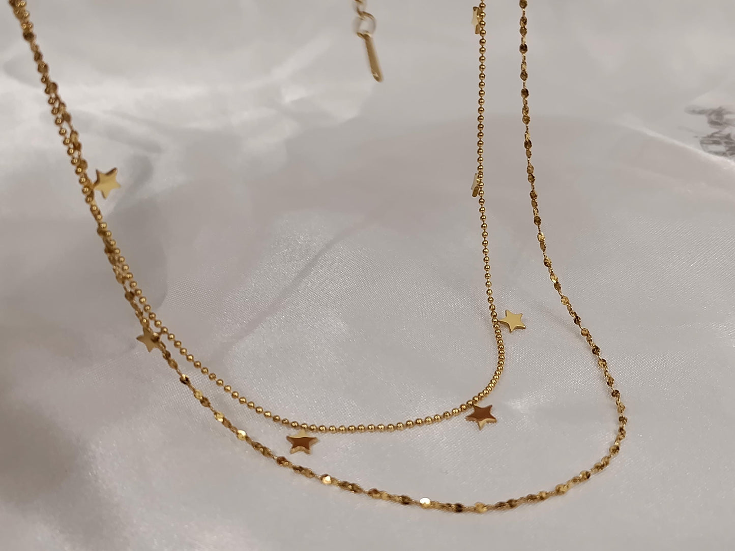 Collar doble cadena con Colgante extrellas en Oro 18K (PVD) - 16" + 2" Ajustable para mujeres