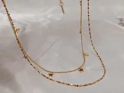 Collar doble cadena con Colgante extrellas en Oro 18K (PVD) - 16" + 2" Ajustable para mujeres
