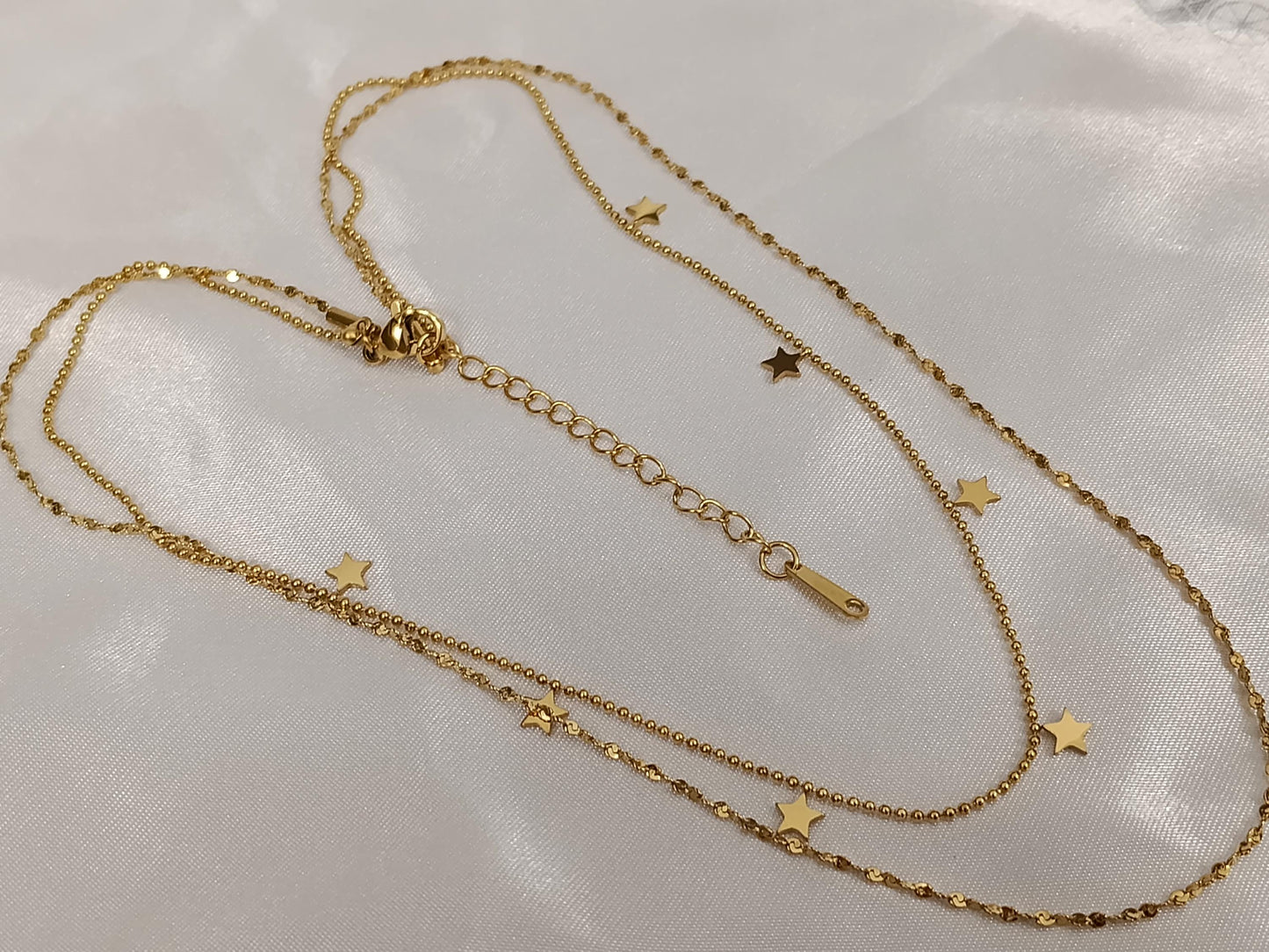 Collar doble cadena con Colgante extrellas en Oro 18K (PVD) - 16" + 2" Ajustable para mujeres