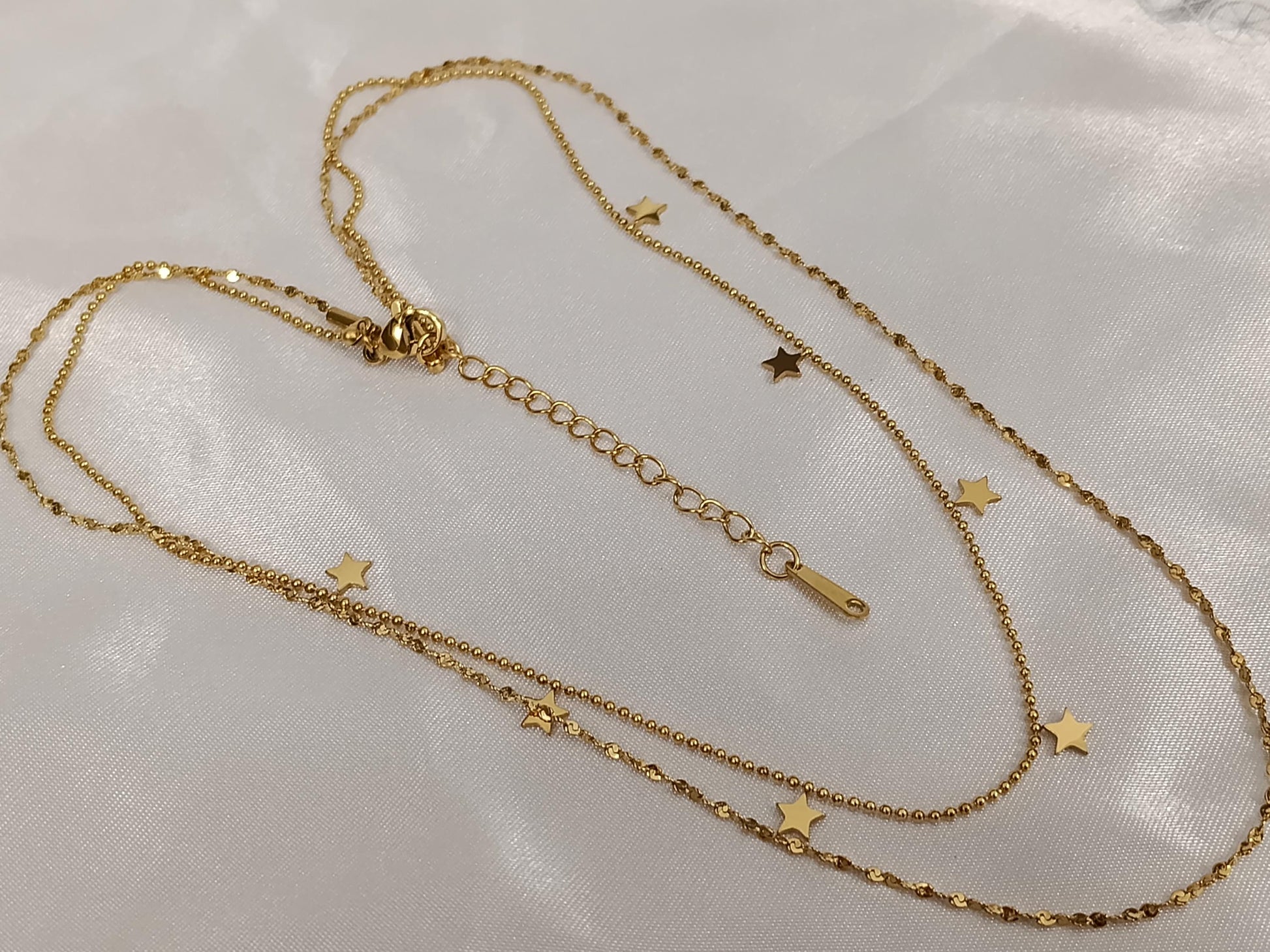 Collar doble cadena con Colgante extrellas en Oro 18K (PVD) - 16" + 2" Ajustable para mujeres