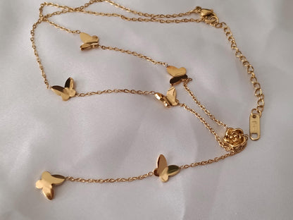 Collar Largo Estilo Y Mariposa y Flor Rosa en Oro 18K (PVD) - Acero Inoxidable - Ajustable para mujeres