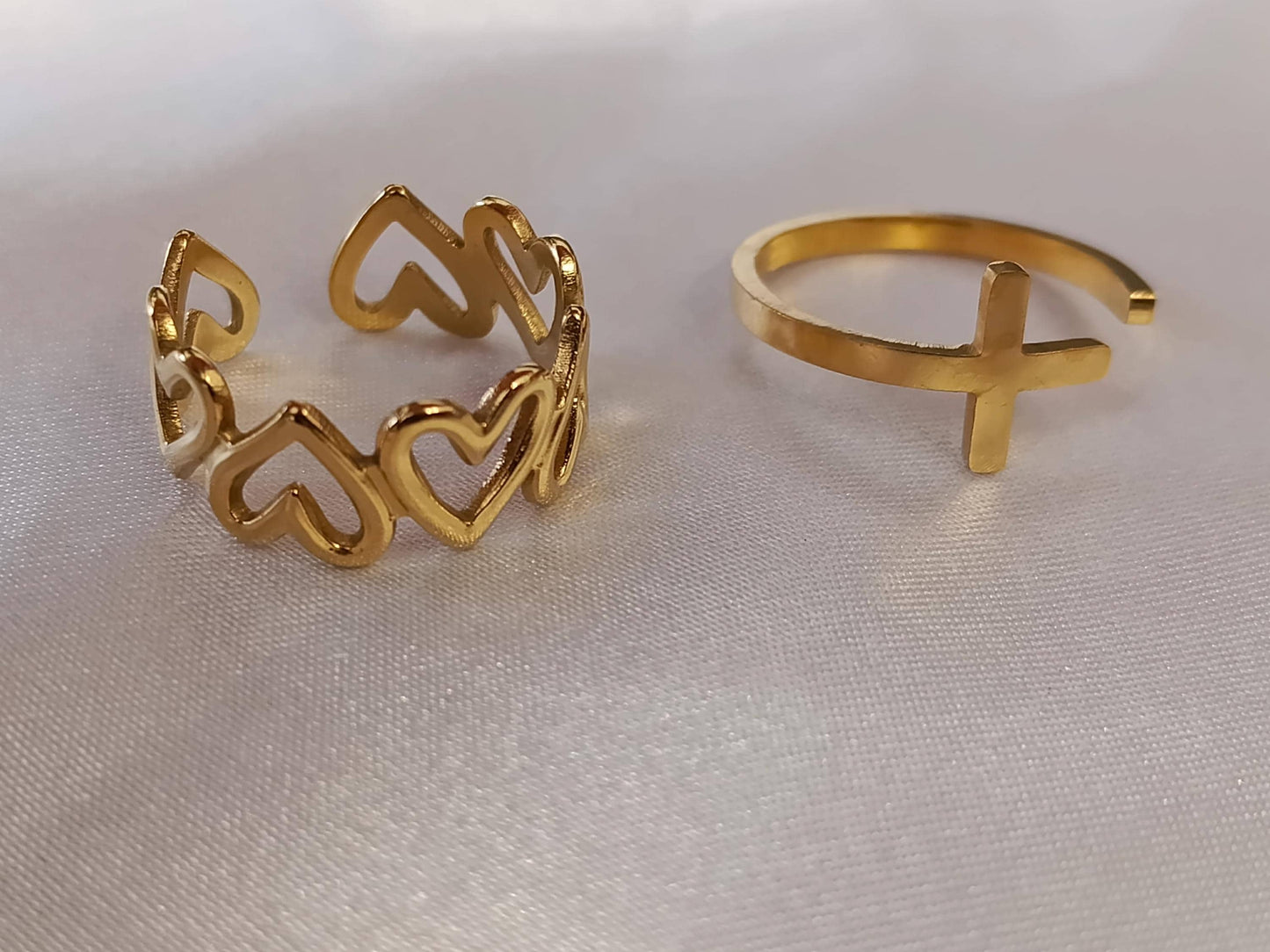 Set de Anillo Ajustable con corazon y cruz en Acero Inoxidable con Baño de Oro 18K regalos para ella