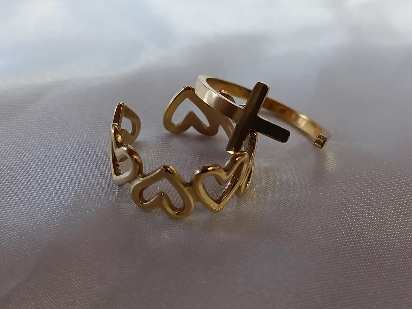 Set de Anillo Ajustable con corazon y cruz en Acero Inoxidable con Baño de Oro 18K regalos para ella