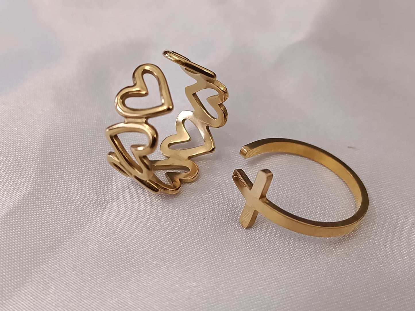 Set de Anillo Ajustable con corazon y cruz en Acero Inoxidable con Baño de Oro 18K regalos para ella