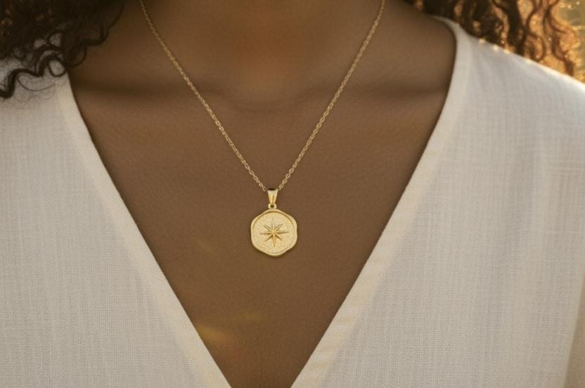 Collar Hexágono Estrella polar en Oro 18K (PVD) - Acero Inoxidable - 16" + Extensión para mujeres