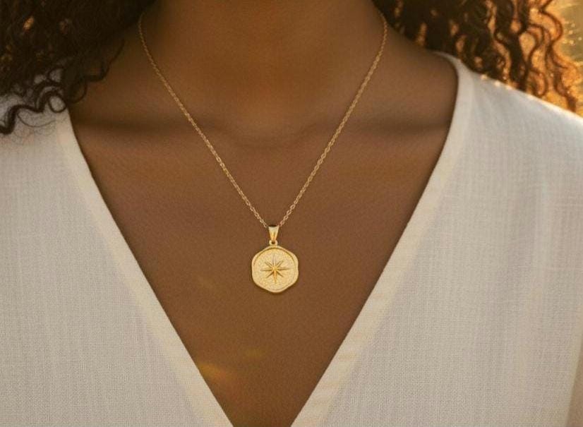 Collar Hexágono Estrella polar en Oro 18K (PVD) - Acero Inoxidable - 16" + Extensión para mujeres