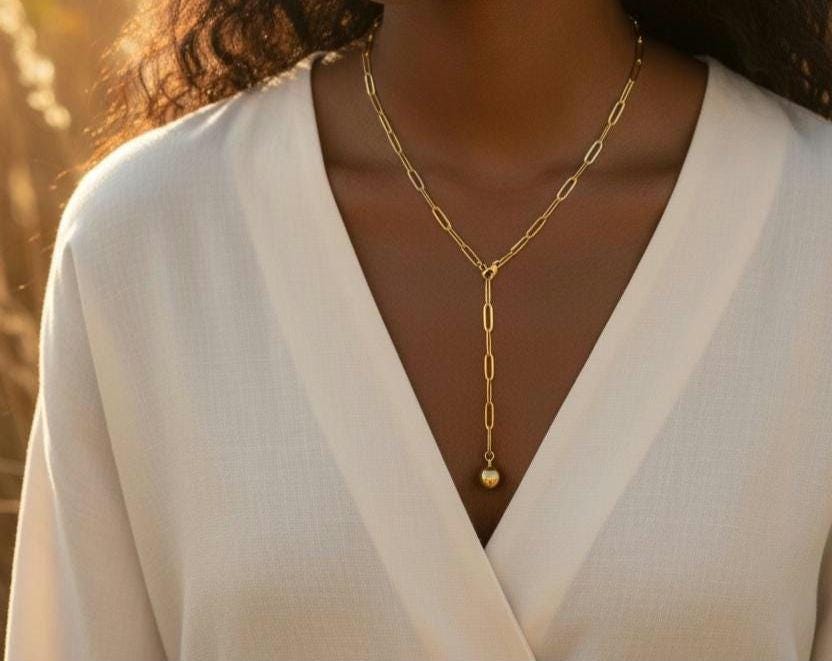 Collar largo Tipo Lariat (Y), cadena de paperclip de Acero Inoxidable Oro bañado 18K - 60cm 23.6" Ajustable - colgante para mujeres