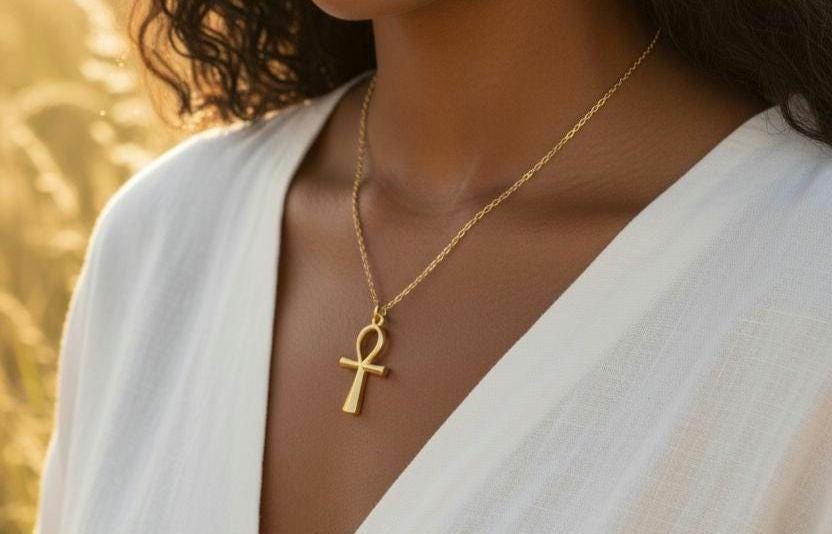 Collar Cruz Egipcia Ankh (45cm) - Acero Inoxidable Chapado en Oro 18K Pulido Espejo para ella