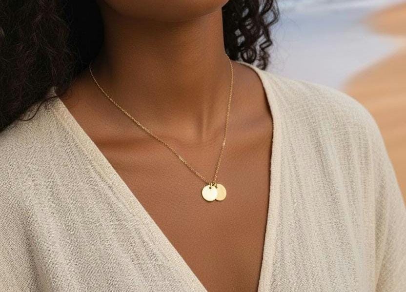 Collar Doble Colgante Disco (45cm) - Acero Inoxidable Chapado en Oro 18K Pulido para ella